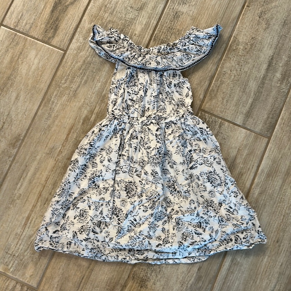 Girls White/Blue Floral MNG Shoulder Dress